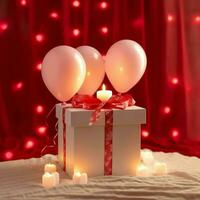 contento San Valentín día concepto con rojo regalo caja y corazón conformado globos romántico bandera amor concepto por ai generado foto