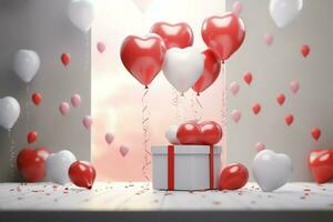 Happy valentine's day concept with red gift box and heart  shaped balloons romantic banner love concept by AI Generated photo