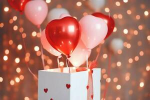 contento San Valentín día concepto con rojo regalo caja y corazón conformado globos romántico bandera amor concepto por ai generado foto