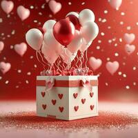 contento San Valentín día concepto con rojo regalo caja y corazón conformado globos romántico bandera amor concepto por ai generado foto