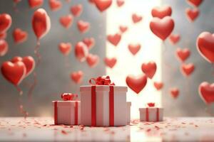 Happy valentine's day concept with red gift box and heart  shaped balloons romantic banner love concept by AI Generated photo