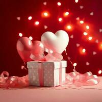 Happy valentine's day concept with red gift box and heart  shaped balloons romantic banner love concept by AI Generated photo