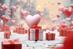 contento San Valentín día concepto con rojo regalo caja y corazón conformado globos romántico bandera amor concepto por ai generado foto