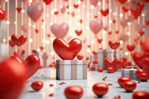 Happy valentine's day concept with red gift box and heart  shaped balloons romantic banner love concept by AI Generated photo