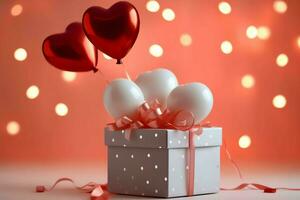 Happy valentine's day concept with red gift box and heart  shaped balloons romantic banner love concept by AI Generated photo