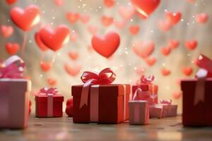 Happy valentine's day concept with red gift box and heart  shaped balloons romantic banner love concept by AI Generated photo