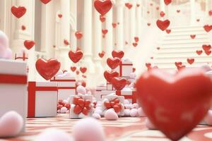 Happy valentine's day concept with red gift box and heart  shaped balloons romantic banner love concept by AI Generated photo