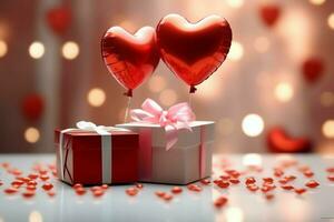 Happy valentine's day concept with red gift box and heart  shaped balloons romantic banner love concept by AI Generated photo