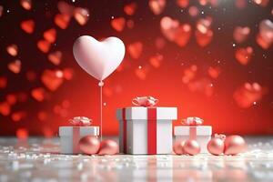 Happy valentine's day concept with red gift box and heart  shaped balloons romantic banner love concept by AI Generated photo