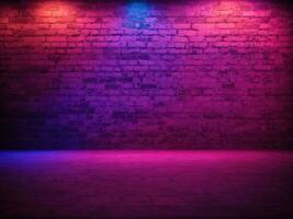 AI generated Blue Neon Light Effect on Red Brick Walls Texture Background Illustration. Empty Space Brick Wall photo