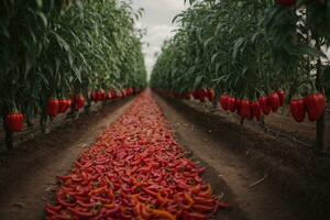 AI generated Red Chili Pepper Plantation Field. Red Pepper Grows on the Branches. Illustration photo