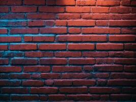 AI generated Red Brick Walls with Blue Neon Light. Lighting Effect on Empty Brick Wall Texture Background photo
