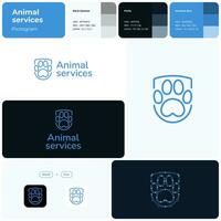 Veterinary clinic blue line business logo. Brand name. Professional expertise business value. Paw and shield simple icon. Design element. Visual identity. Suitable for marketing vector