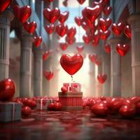 contento San Valentín día concepto con rojo regalo caja y corazón conformado globos romántico bandera amor concepto por ai generado foto