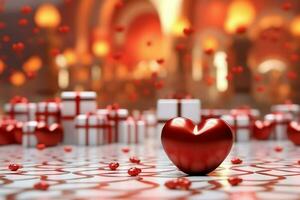 contento San Valentín día concepto con rojo regalo caja y corazón conformado globos romántico bandera amor concepto por ai generado foto