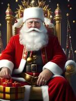 ai generado Papa Noel sentado en real silla con regalos foto