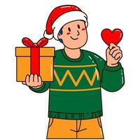 Man in a Santa Claus hat holding a gift box and love vector