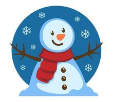 Snowman with red scarf and snowflakes on blue background vector