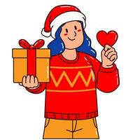 mujer en un Papa Noel claus sombrero participación un regalo caja y amor vector