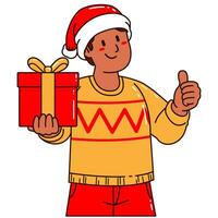 Boy in a Santa Claus hat holding a gift box vector