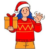 Woman in a Santa Claus hat holding a gift box vector