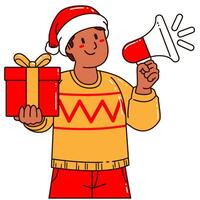 chico en un Papa Noel claus sombrero participación un regalo caja y megáfono vector