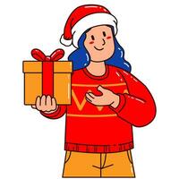 mujer en un Papa Noel claus sombrero participación un regalo caja vector