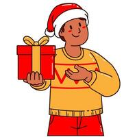 Boy in a Santa Claus hat holding a gift box vector