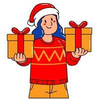 Woman in a Santa Claus hat holding a gift box vector