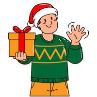 hombre en un Papa Noel claus sombrero participación un regalo caja vector