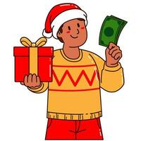 Boy in a Santa Claus hat holding a gift box and money vector