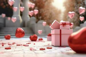 Happy valentine's day concept with red gift box and heart  shaped balloons romantic banner love concept by AI Generated photo