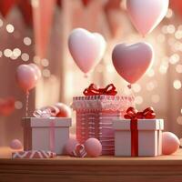 Happy valentine's day concept with red gift box and heart  shaped balloons romantic banner love concept by AI Generated photo