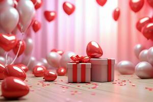 Happy valentine's day concept with red gift box and heart  shaped balloons romantic banner love concept by AI Generated photo