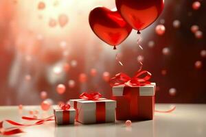 Happy valentine's day concept with red gift box and heart  shaped balloons romantic banner love concept by AI Generated photo