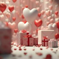 Happy valentine's day concept with red gift box and heart  shaped balloons romantic banner love concept by AI Generated photo