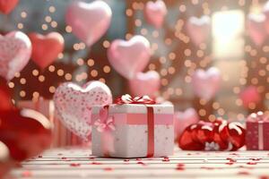 Happy valentine's day concept with red gift box and heart  shaped balloons romantic banner love concept by AI Generated photo