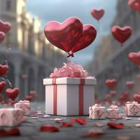 Happy valentine's day concept with red gift box and heart  shaped balloons romantic banner love concept by AI Generated photo