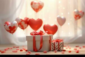 Happy valentine's day concept with red gift box and heart  shaped balloons romantic banner love concept by AI Generated photo