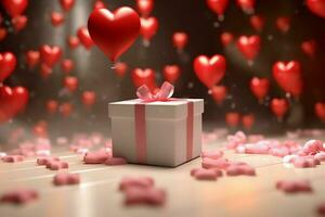 Happy valentine's day concept with red gift box and heart  shaped balloons romantic banner love concept by AI Generated photo