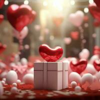 Happy valentine's day concept with red gift box and heart  shaped balloons romantic banner love concept by AI Generated photo