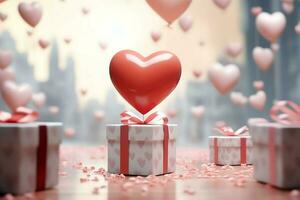 Happy valentine's day concept with red gift box and heart  shaped balloons romantic banner love concept by AI Generated photo