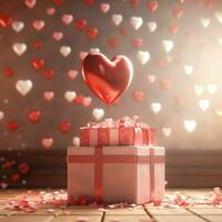 Happy valentine's day concept with red gift box and heart  shaped balloons romantic banner love concept by AI Generated photo