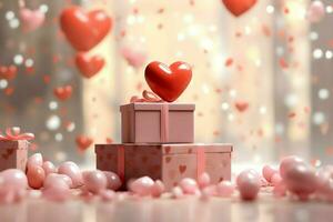 Happy valentine's day concept with red gift box and heart  shaped balloons romantic banner love concept by AI Generated photo