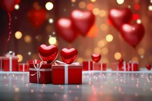 contento San Valentín día concepto con rojo regalo caja y corazón conformado globos romántico bandera amor concepto por ai generado foto