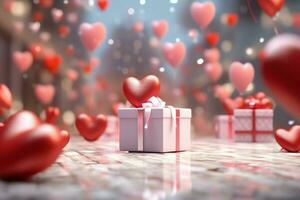 contento San Valentín día concepto con rojo regalo caja y corazón conformado globos romántico bandera amor concepto por ai generado foto