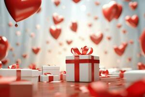 contento San Valentín día concepto con rojo regalo caja y corazón conformado globos romántico bandera amor concepto por ai generado foto