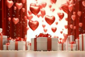 contento San Valentín día concepto con rojo regalo caja y corazón conformado globos romántico bandera amor concepto por ai generado foto