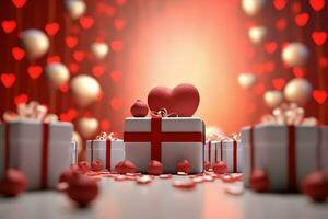 Happy valentine's day concept with red gift box and heart  shaped balloons romantic banner love concept by AI Generated photo