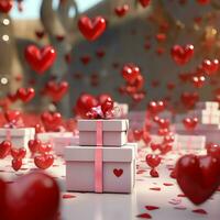 Happy valentine's day concept with red gift box and heart  shaped balloons romantic banner love concept by AI Generated photo